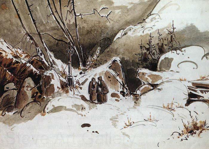 Karl Blechen Alpine Pass in Winter with Monks